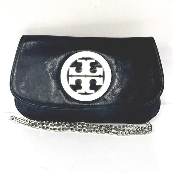 TORY BURCH Reva Black Leather Clutch Convertible Bag Silver Chain Strap - Picture 13 of 14